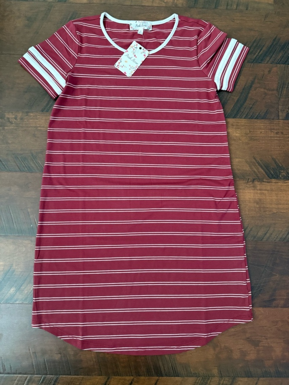 Pink Rose Brick Red & White Striped Midi Tee Shirt Dress Size Medium NWT